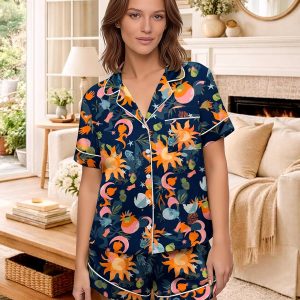 2 Piece Satin Finish Graphic Printed Pyjama Set