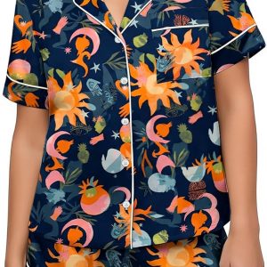 2 Piece Satin Finish Graphic Printed Pyjama Set